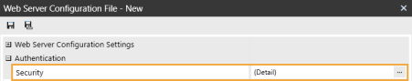 The Web Server Configuration File dialog box has a grid with row headings that have a gray background with black text and can be expanded to display fields with a white background and black text. In this example, in the Authentication section, Security is highlighted.